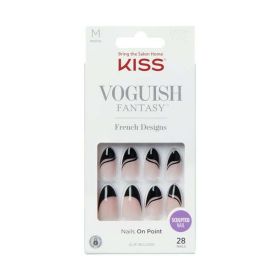 KISS Voguish Fantasy Medium Almond Fake Nails, Glossy Dark Black, 'Magnifique', 28 Ct